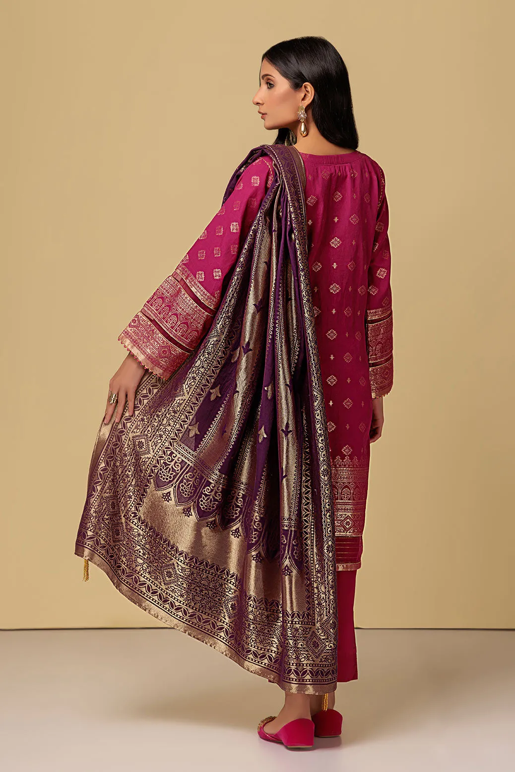 Pakistani Kameez Salwar Suit in Classical Jacquard Pink Lemonade