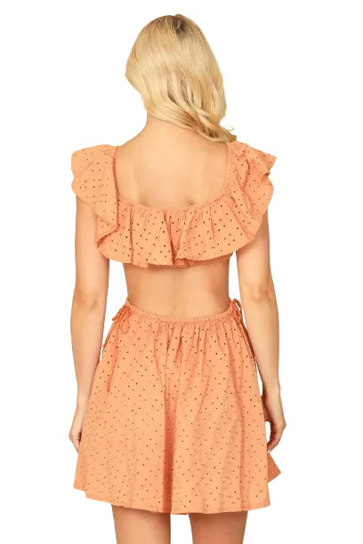 Peach Deep Neck Ruffle Detail Side Cut Out Eyelet Mini Dress - Pack of 5