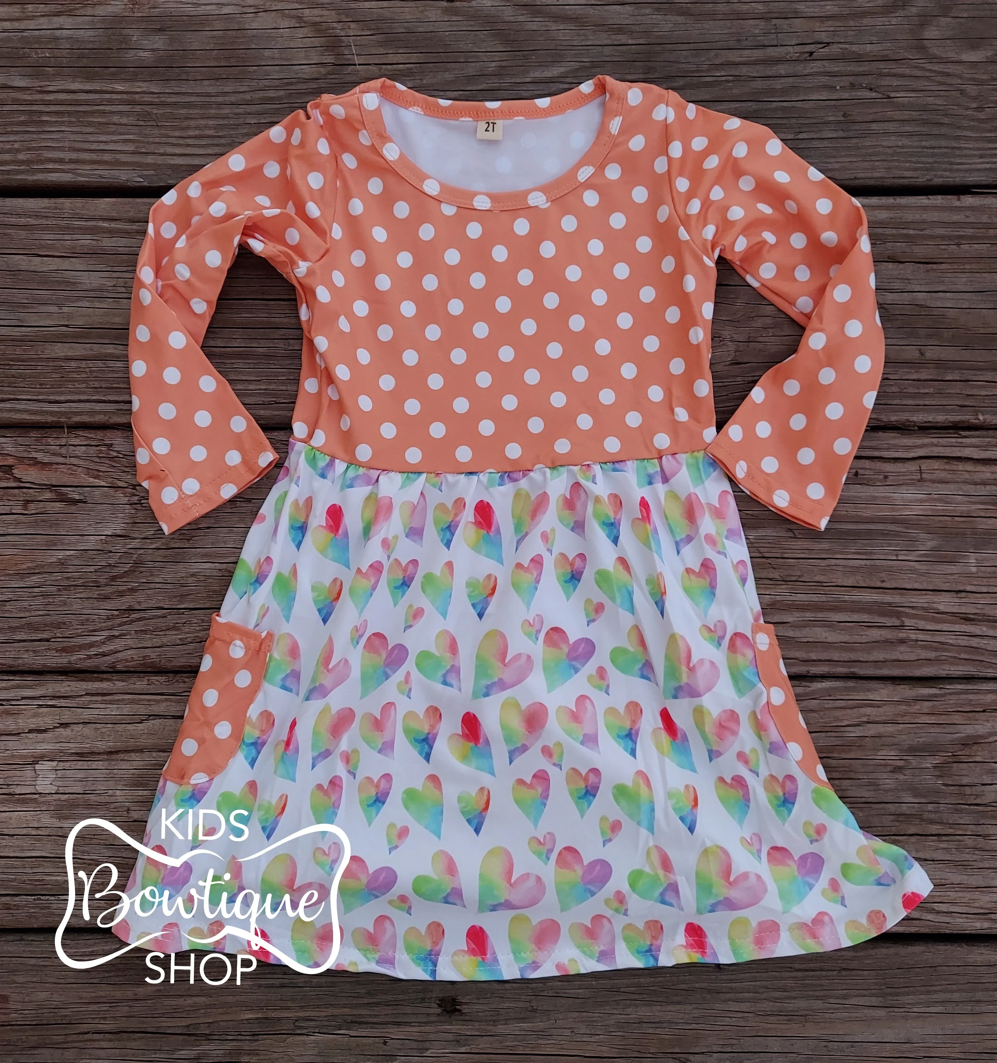 Peach Polka Dot & Tie Dye Hearts LS Dress