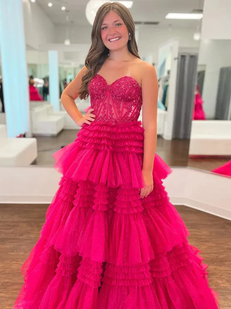 Pink  Blue Lace Prom Dresses, Layered Long Lace Formal Evening Dresses