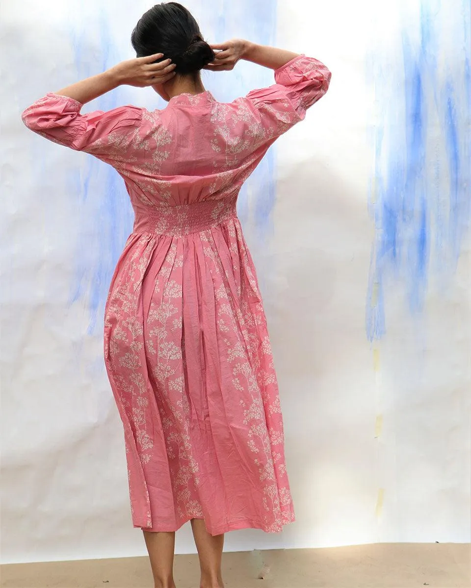 Pink Handprinted Front Open Pure Cotton Dress -Skd