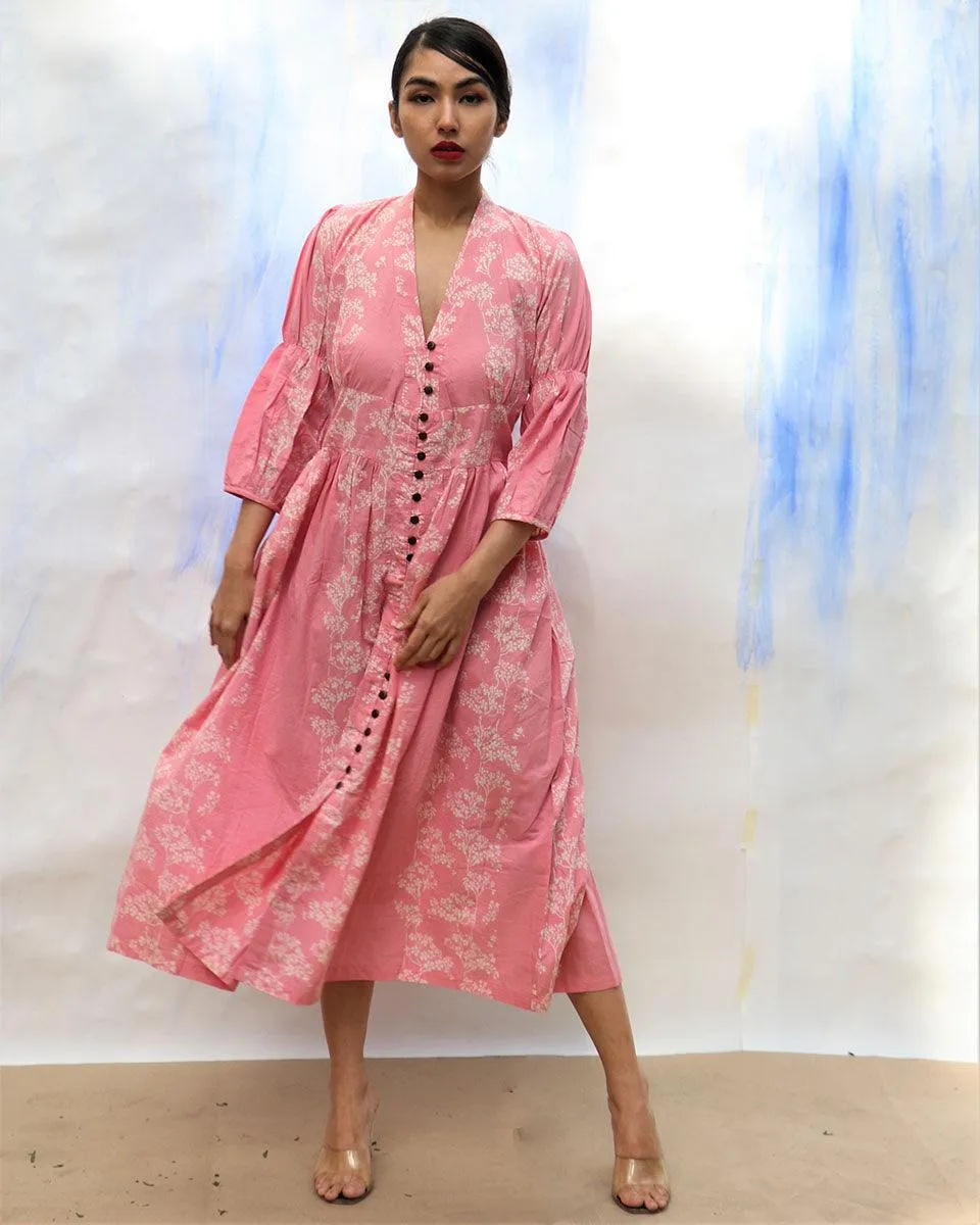 Pink Handprinted Front Open Pure Cotton Dress -Skd