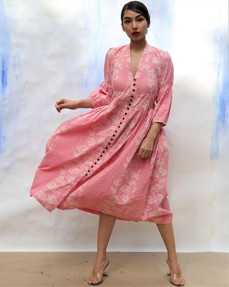 Pink Handprinted Front Open Pure Cotton Dress -Skd