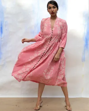 Pink Handprinted Front Open Pure Cotton Dress -Skd