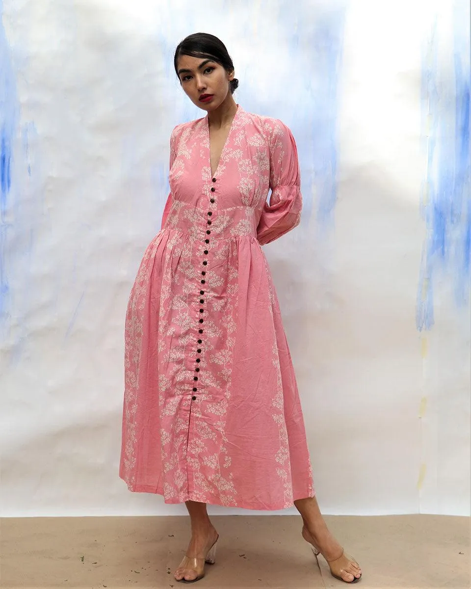 Pink Handprinted Front Open Pure Cotton Dress -Skd