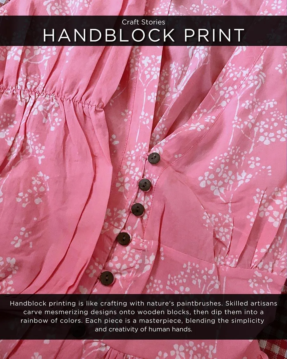 Pink Handprinted Front Open Pure Cotton Dress -Skd