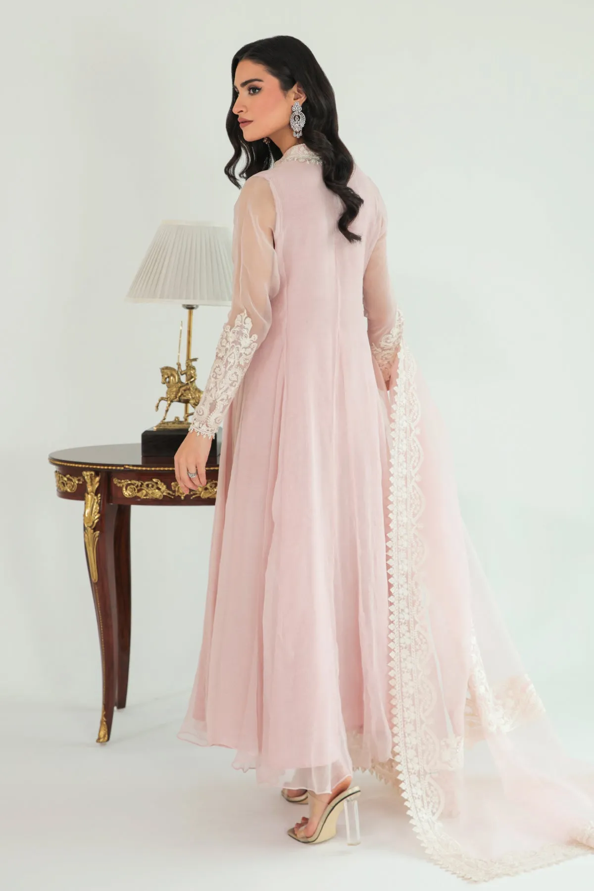 Pink Pakistani Long Frock with Embroidered Dupatta