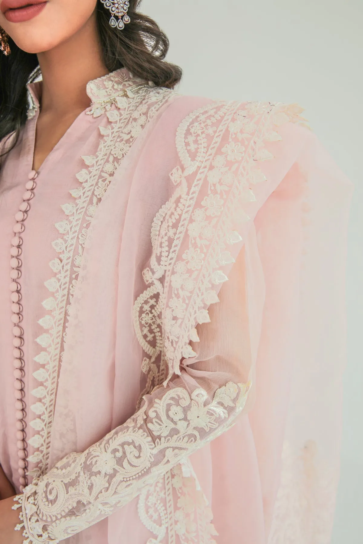 Pink Pakistani Long Frock with Embroidered Dupatta