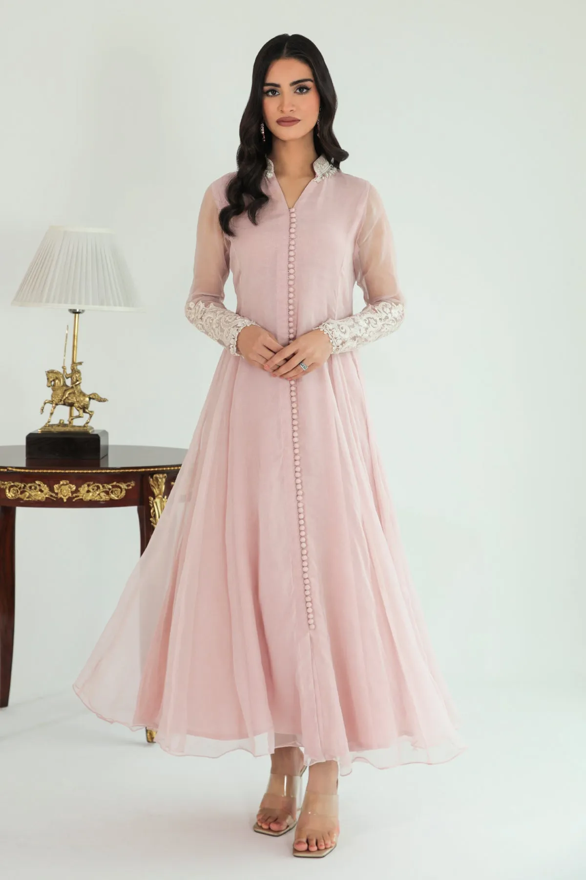 Pink Pakistani Long Frock with Embroidered Dupatta