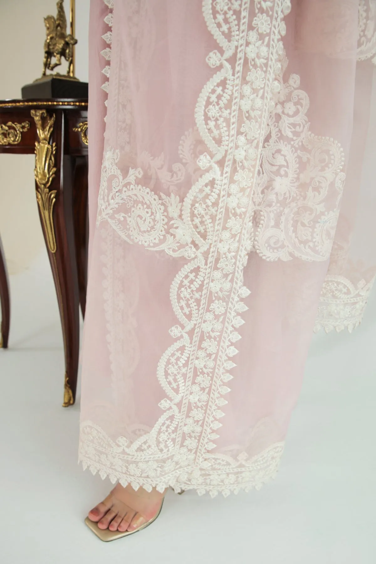 Pink Pakistani Long Frock with Embroidered Dupatta
