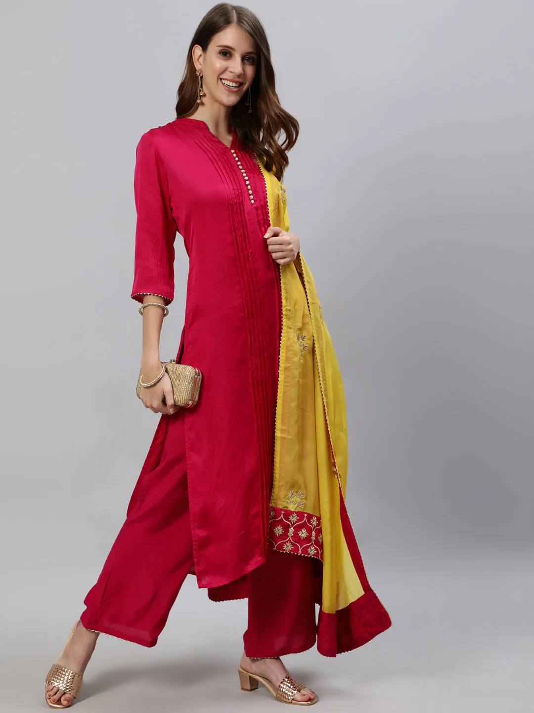 Pink Straight Kurta With Palazzo And Yellow Organza Dupatta