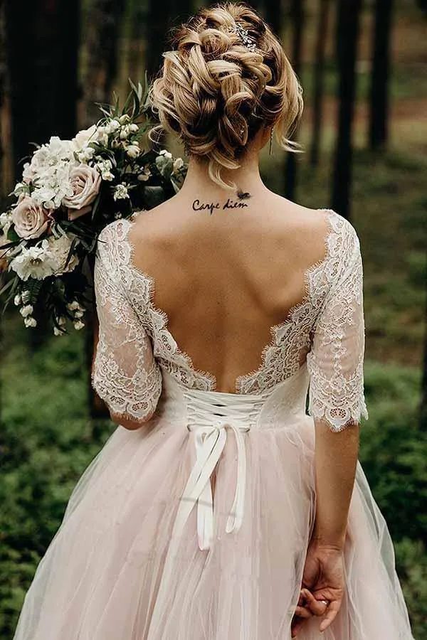 Pink Tulle Lace Backless Half Sleeves Lace Up Wedding Dresses, Bridal Gown, MW742