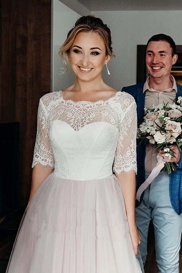 Pink Tulle Lace Backless Half Sleeves Lace Up Wedding Dresses, Bridal Gown, MW742