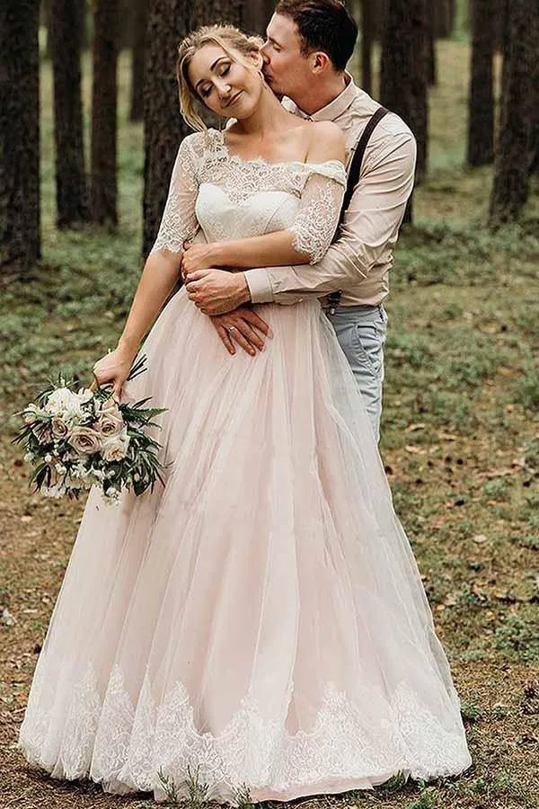 Pink Tulle Lace Backless Half Sleeves Lace Up Wedding Dresses, Bridal Gown, MW742