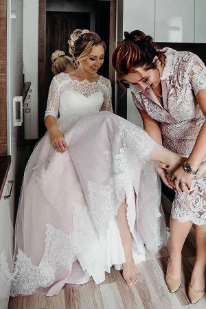 Pink Tulle Lace Backless Half Sleeves Lace Up Wedding Dresses, Bridal Gown, MW742