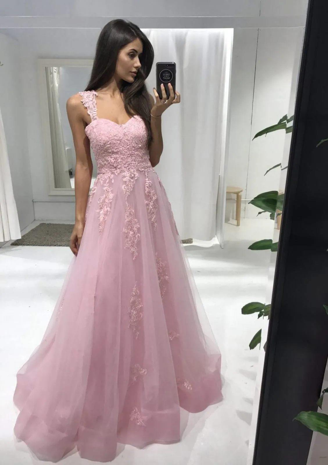 Pink Tulle Prom Dress Princess Sweetheart Straps Floor-Length, Lace