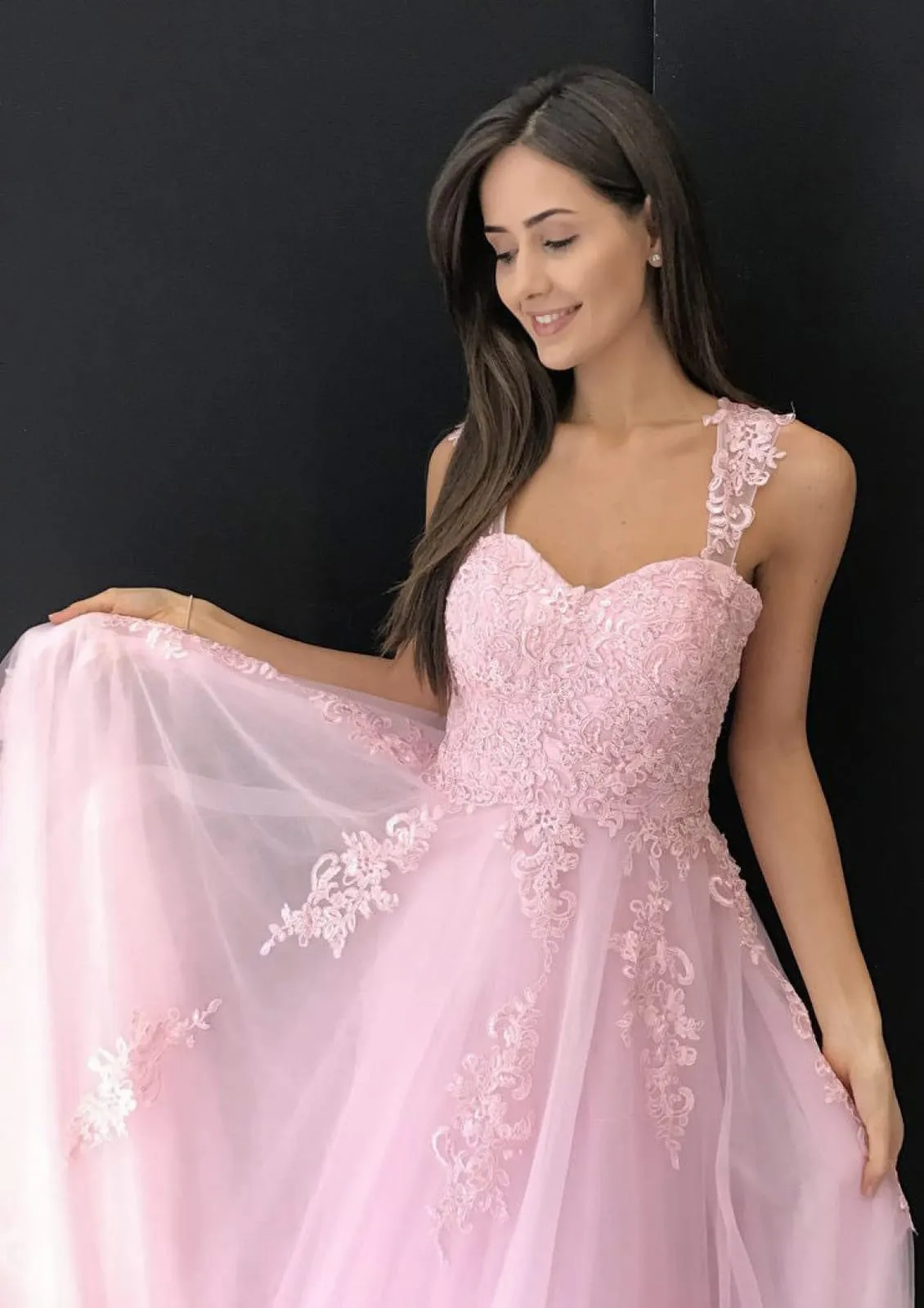 Pink Tulle Prom Dress Princess Sweetheart Straps Floor-Length, Lace
