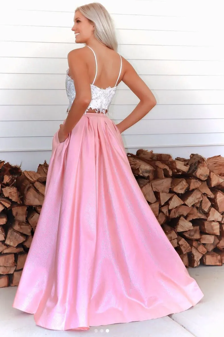 Pink two pieces lace long prom dress, pink lace formal dress