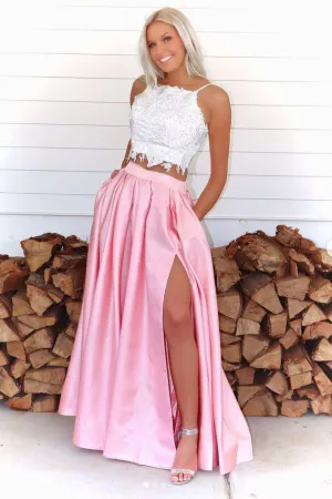 Pink two pieces lace long prom dress, pink lace formal dress