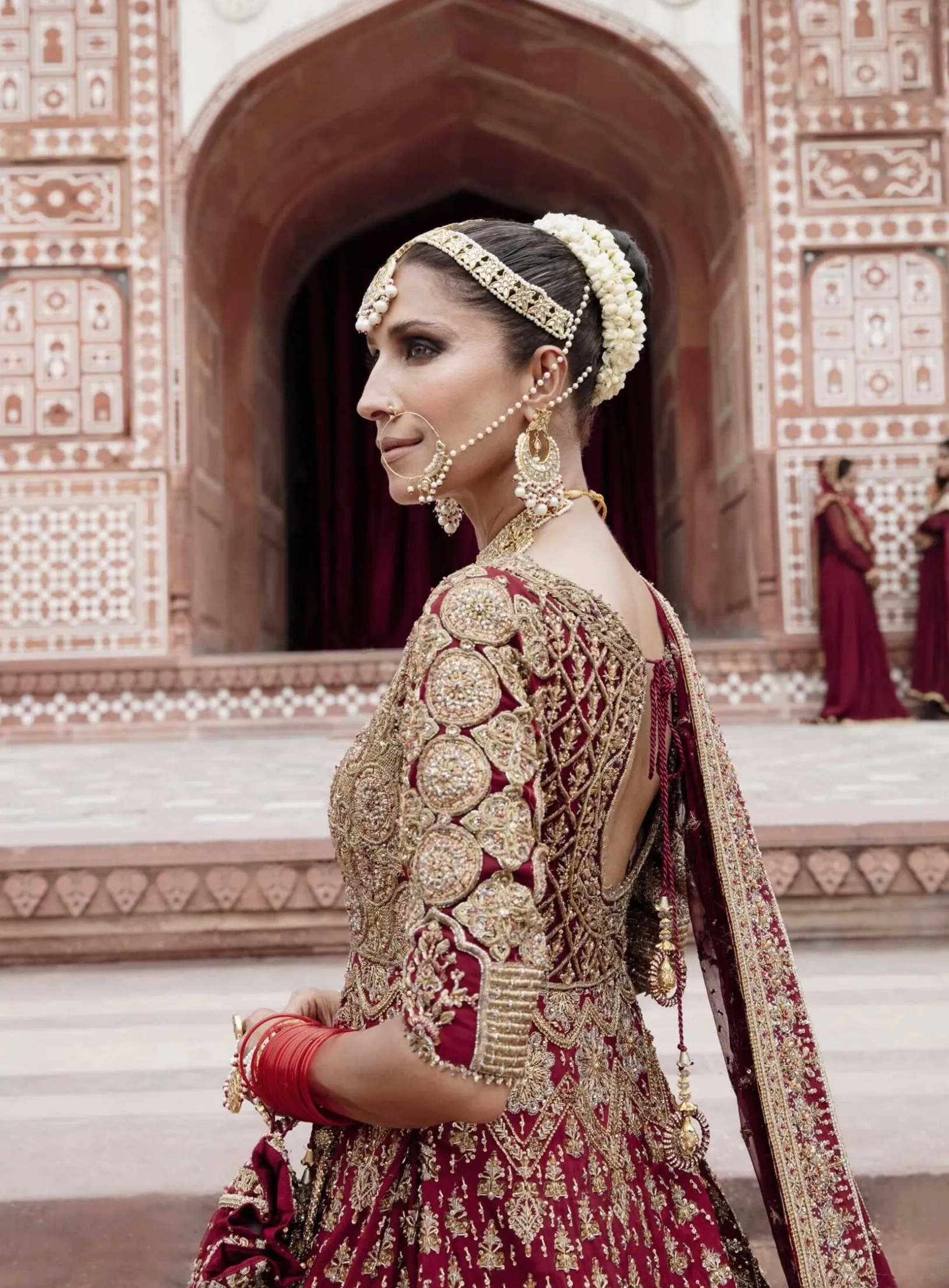 Pishwas Frock with Lehenga and Dupatta Red Bridal Dress
