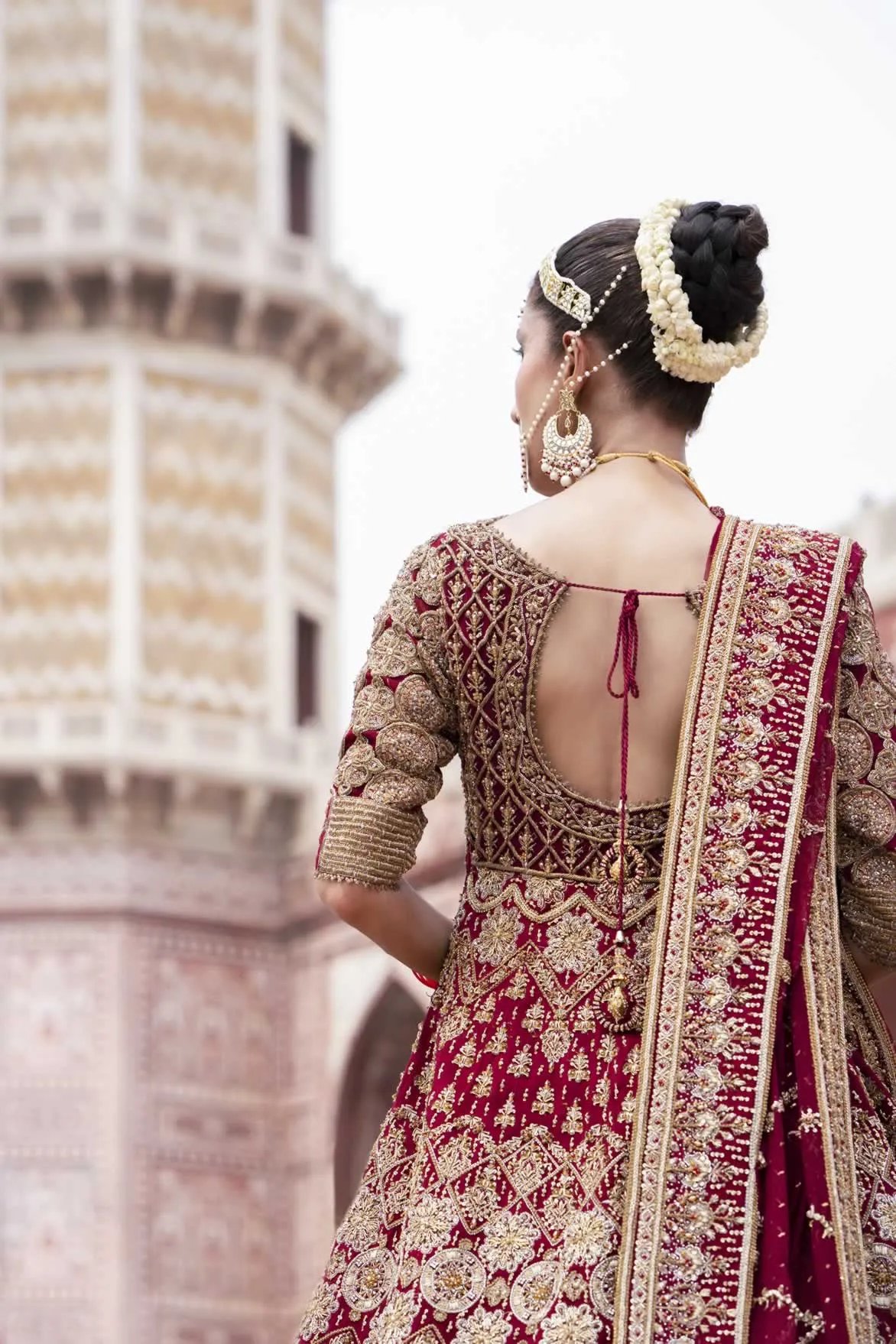 Pishwas Frock with Lehenga and Dupatta Red Bridal Dress