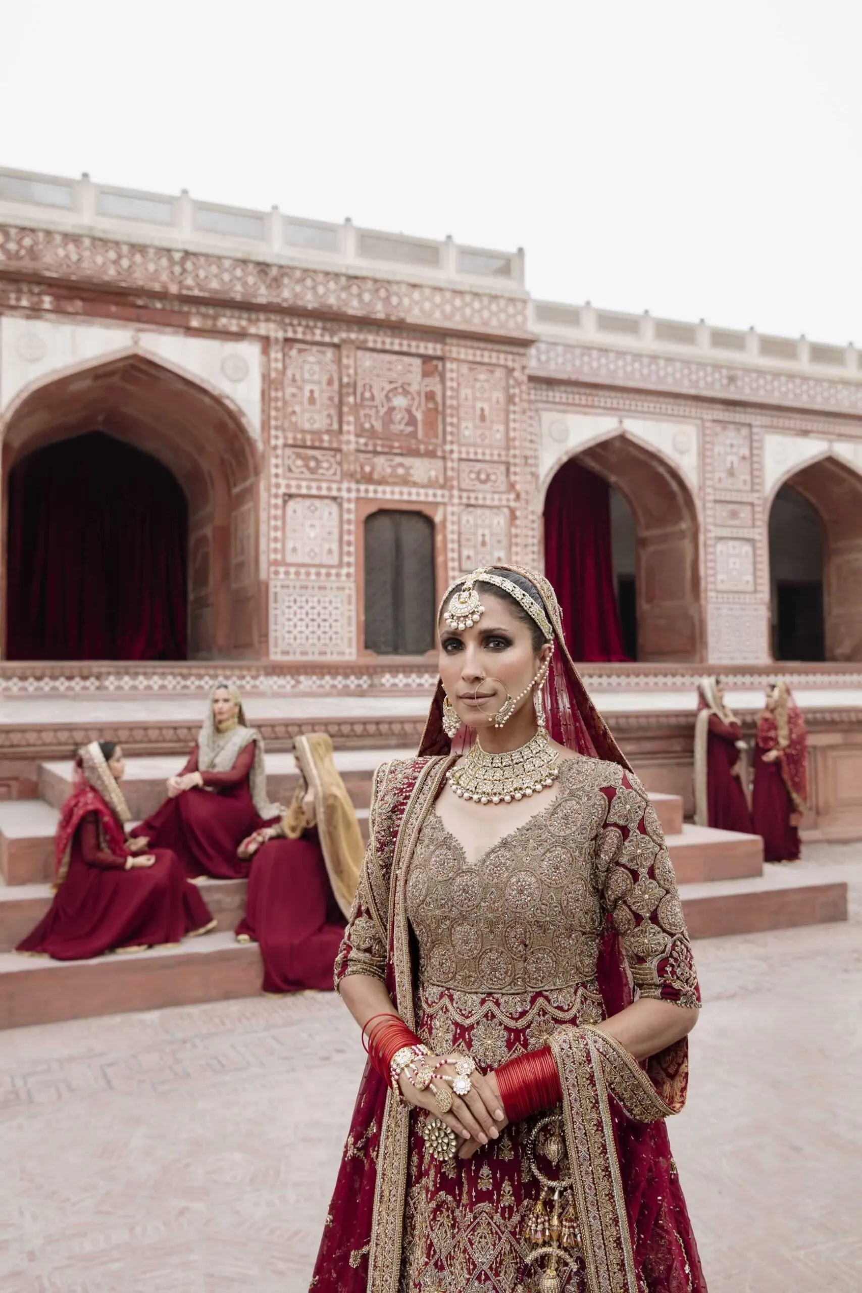 Pishwas Frock with Lehenga and Dupatta Red Bridal Dress