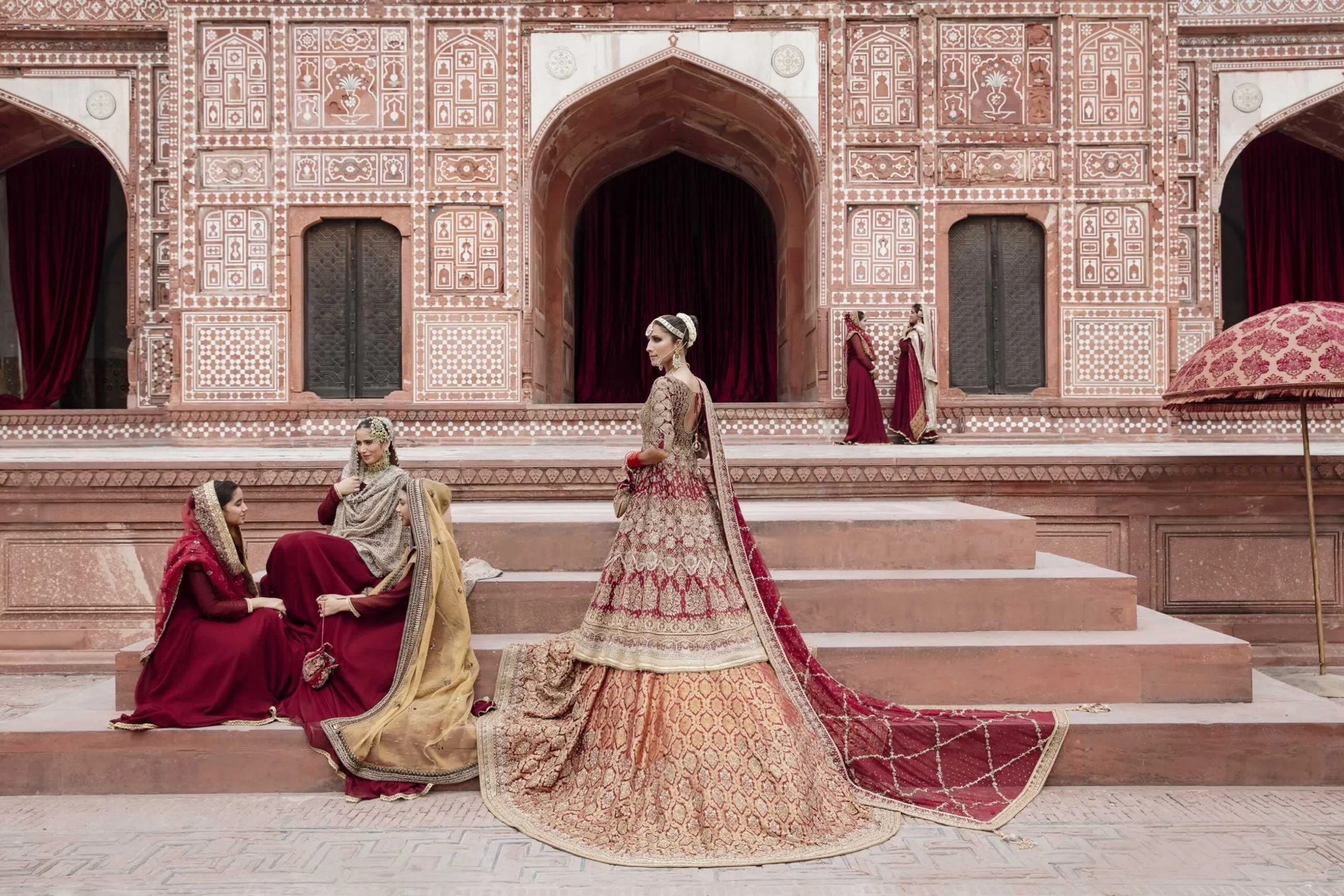 Pishwas Frock with Lehenga and Dupatta Red Bridal Dress