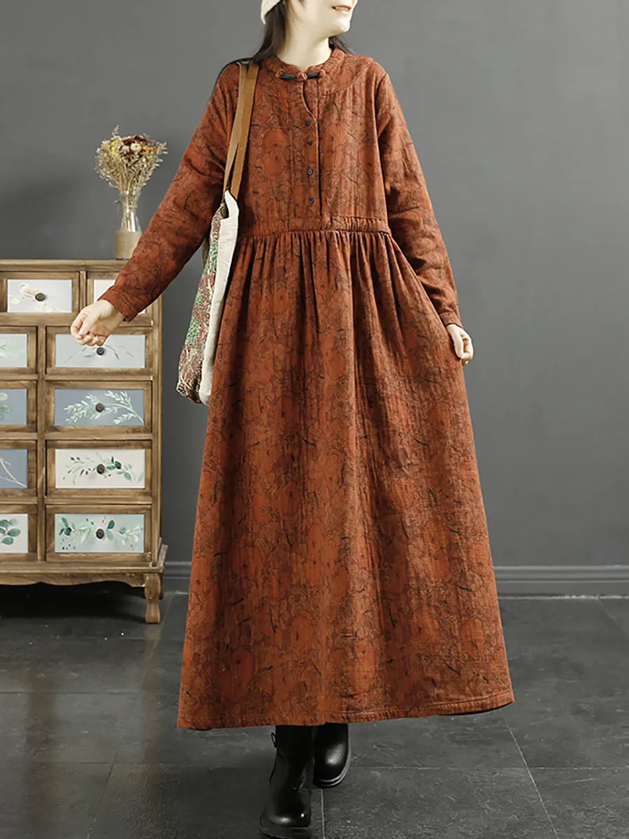 Plus Size Women Autumn Vintage Leaf Print Cotton Dress