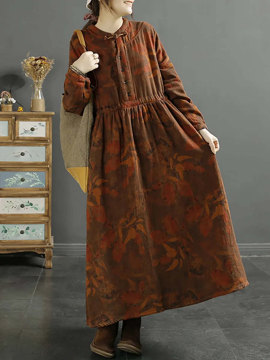 Plus Size Women Autumn Vintage Leaf Print Cotton Dress