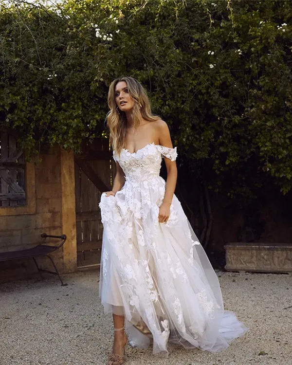 Popular 2019 Summer Beach Wedding Dresses Off The Shoulder A-line Lace Tulle Bridal Gowns