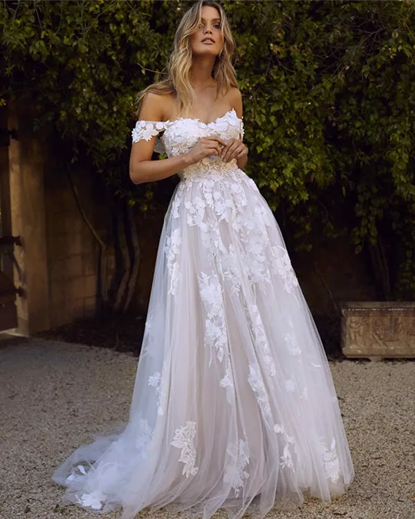 Popular 2019 Summer Beach Wedding Dresses Off The Shoulder A-line Lace Tulle Bridal Gowns