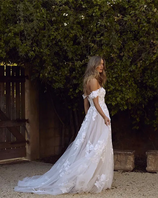 Popular 2019 Summer Beach Wedding Dresses Off The Shoulder A-line Lace Tulle Bridal Gowns