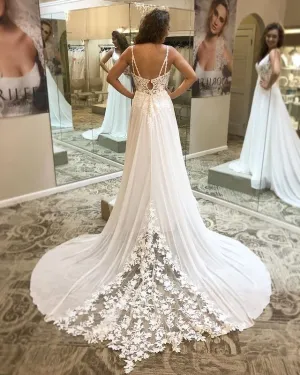 Popular 2022 See Through Lace Train Beach Wedding Dress Appliques Backless Spaghetti Straps Bridal Gown
