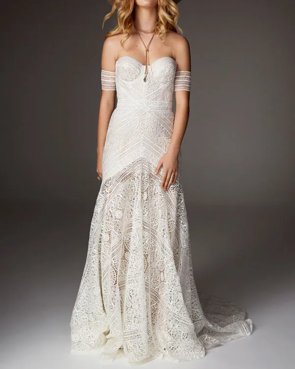 Popular Bohemian Lace Wedding Dresses with Cap Sleeve Fitted Mermaid Wedding Gowns New Fashion