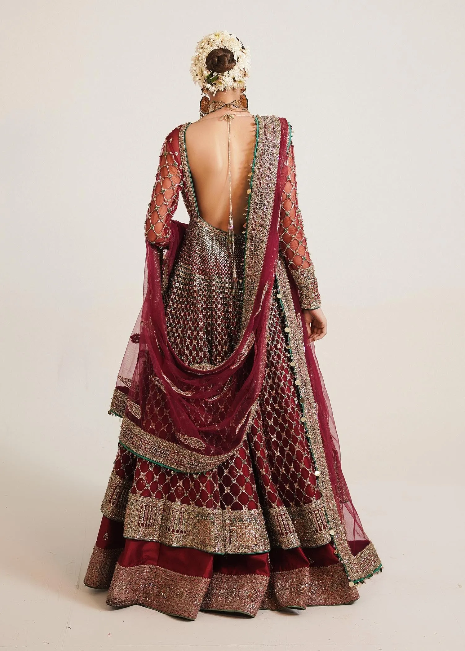 Premium Pakistani Bridal Dress in Embellished Pishwas Net Jacket and Silk Red Lehenga Style