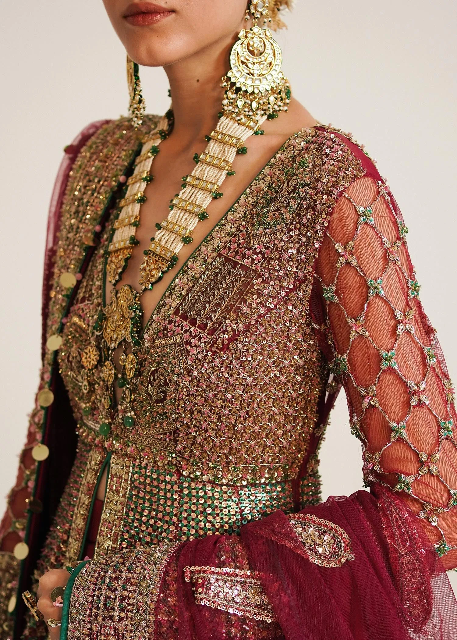Premium Pakistani Bridal Dress in Embellished Pishwas Net Jacket and Silk Red Lehenga Style