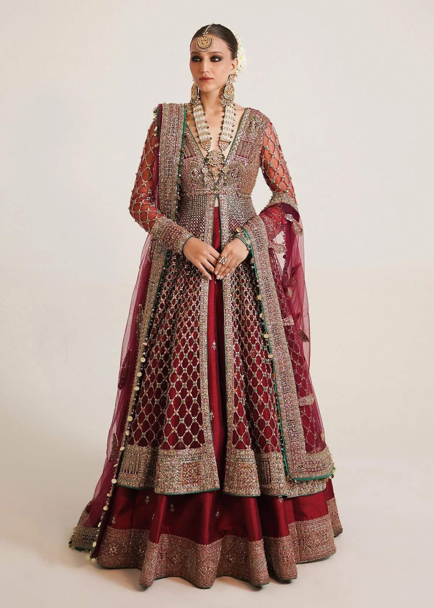 Premium Pakistani Bridal Dress in Embellished Pishwas Net Jacket and Silk Red Lehenga Style