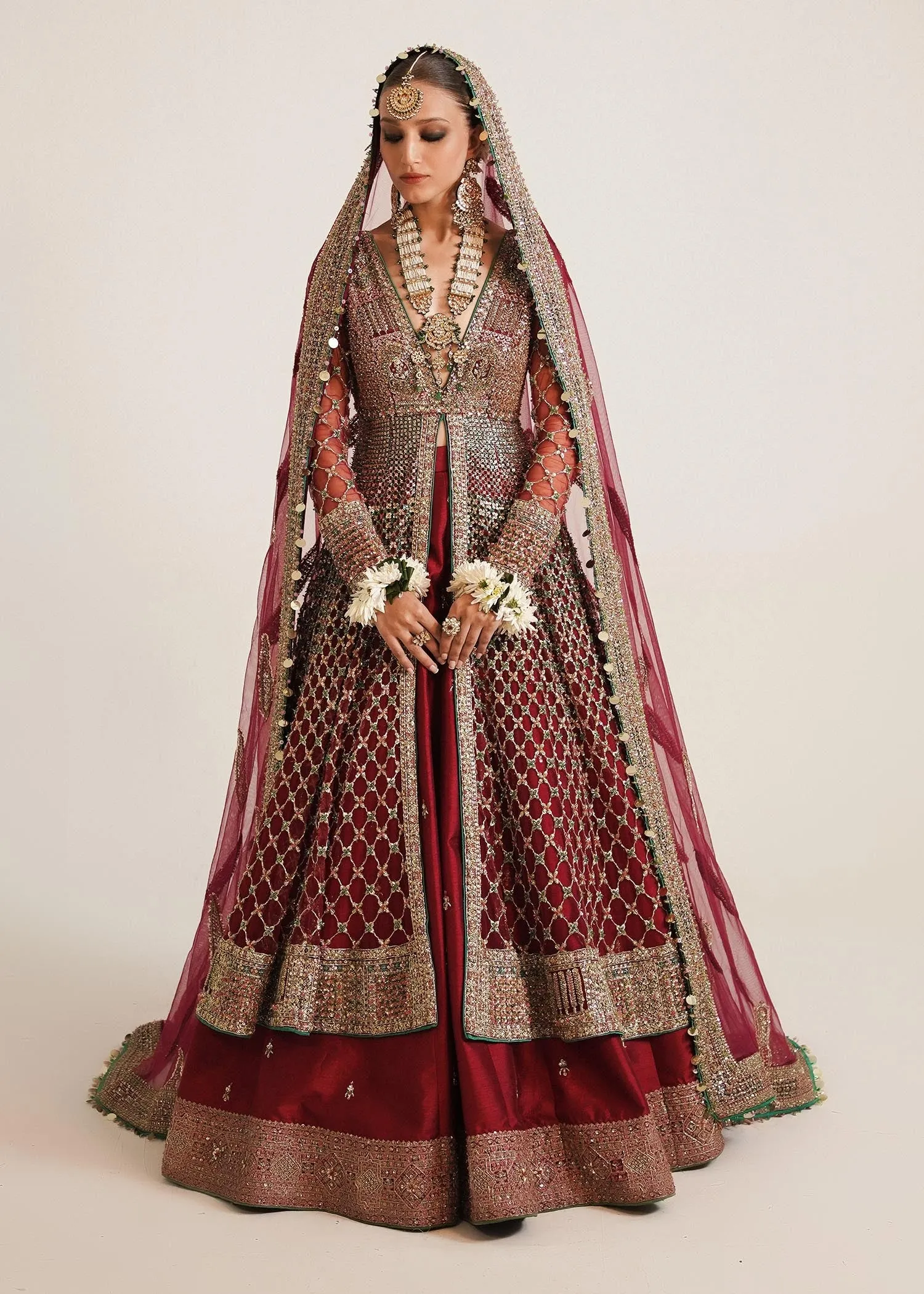 Premium Pakistani Bridal Dress in Embellished Pishwas Net Jacket and Silk Red Lehenga Style