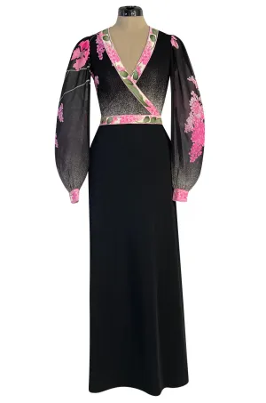Prettiest 1970s Leonard Paris Pink Charcoal & Black Floral Printed Silk Jersey Dress