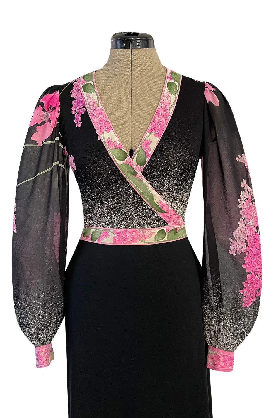 Prettiest 1970s Leonard Paris Pink Charcoal & Black Floral Printed Silk Jersey Dress