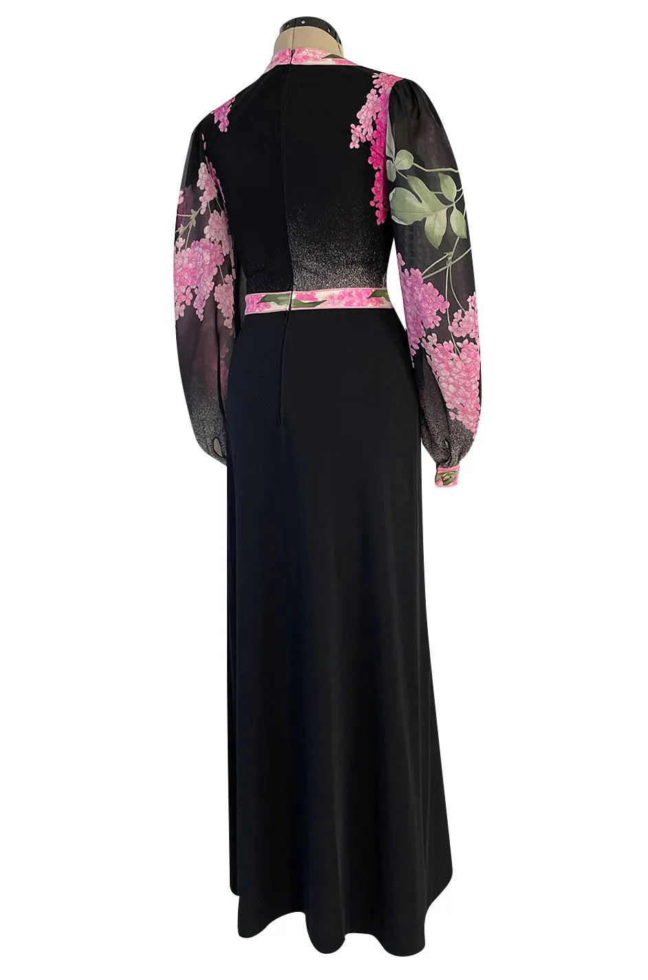 Prettiest 1970s Leonard Paris Pink Charcoal & Black Floral Printed Silk Jersey Dress