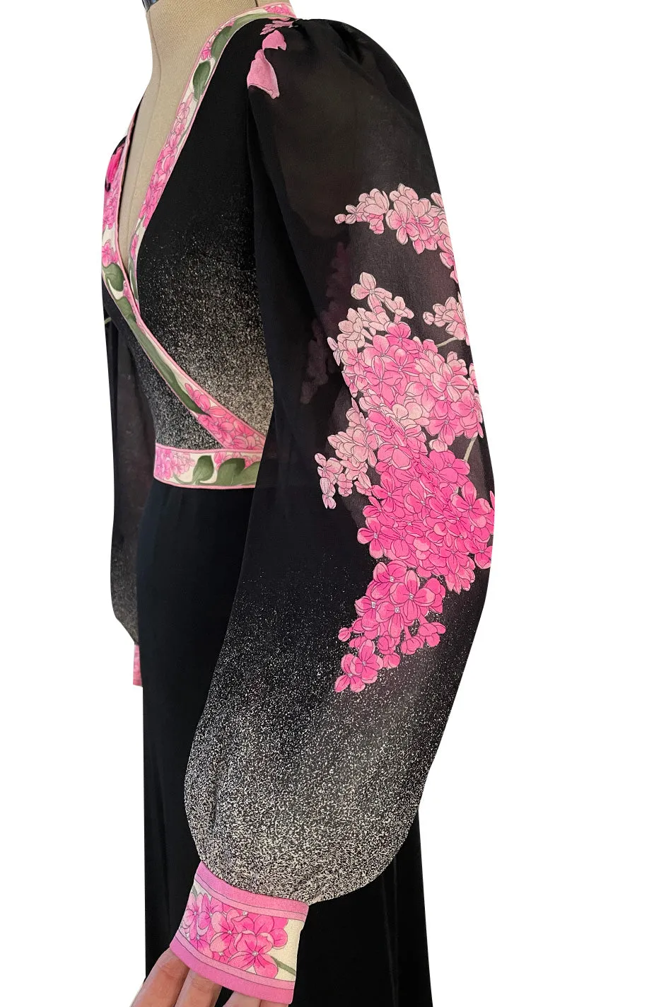 Prettiest 1970s Leonard Paris Pink Charcoal & Black Floral Printed Silk Jersey Dress