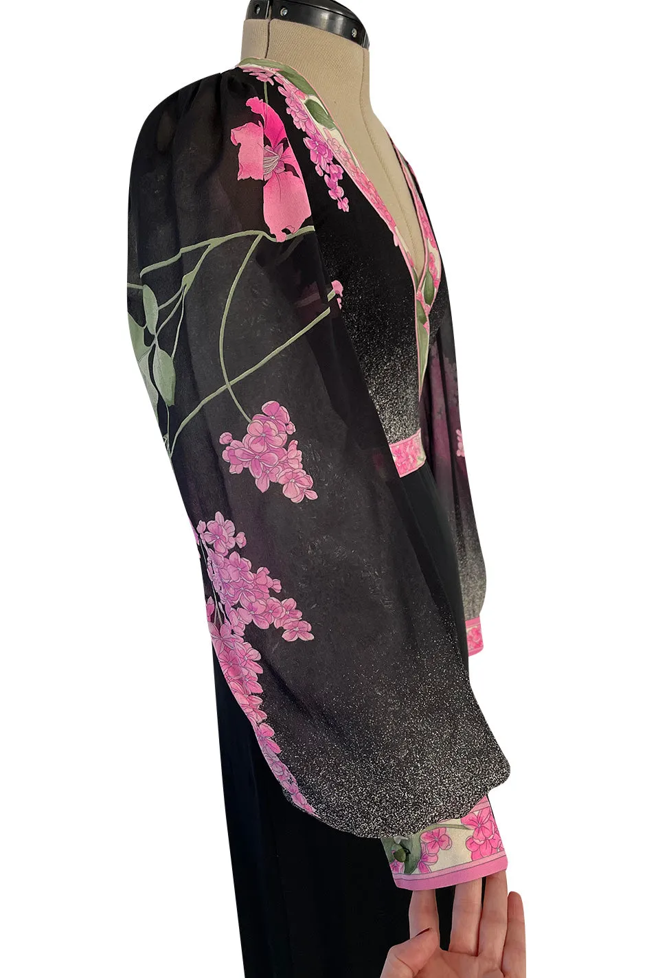 Prettiest 1970s Leonard Paris Pink Charcoal & Black Floral Printed Silk Jersey Dress