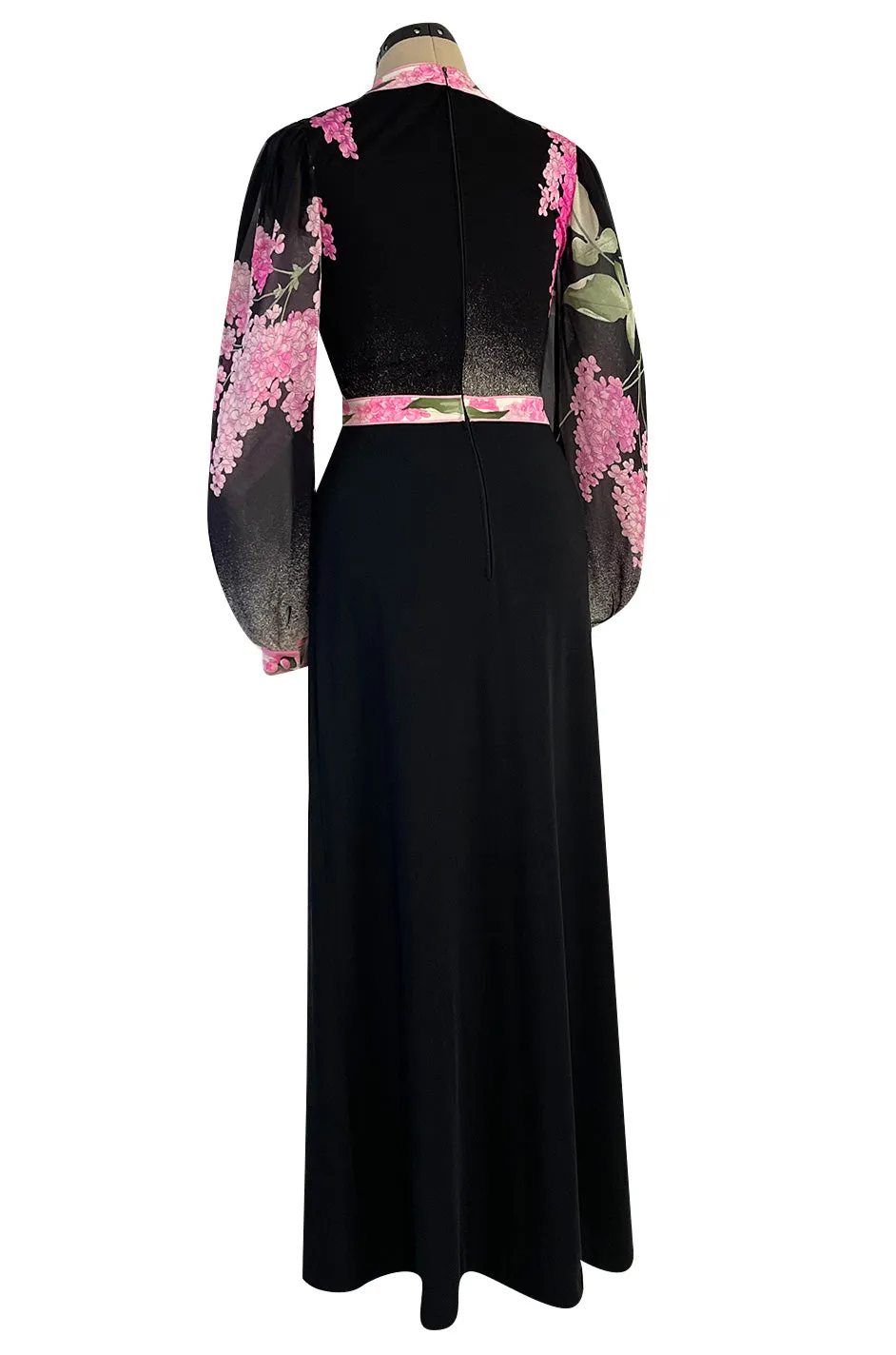 Prettiest 1970s Leonard Paris Pink Charcoal & Black Floral Printed Silk Jersey Dress
