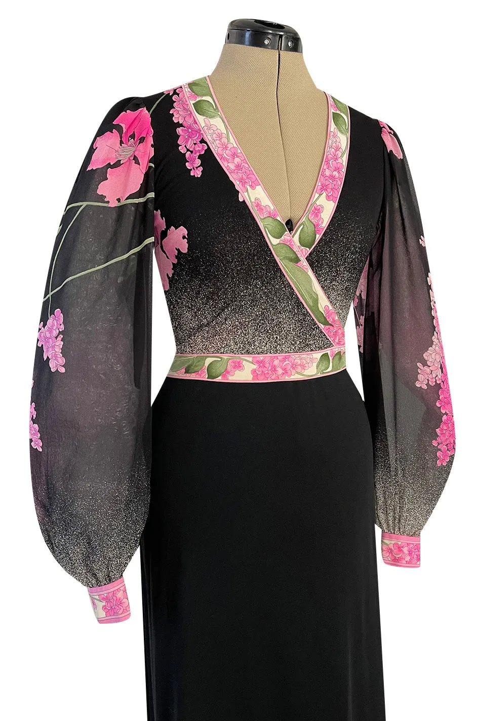 Prettiest 1970s Leonard Paris Pink Charcoal & Black Floral Printed Silk Jersey Dress