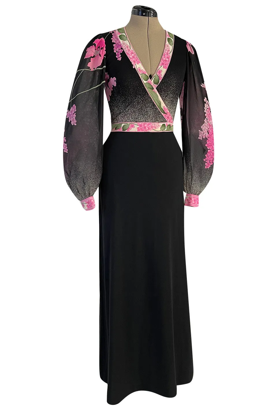 Prettiest 1970s Leonard Paris Pink Charcoal & Black Floral Printed Silk Jersey Dress