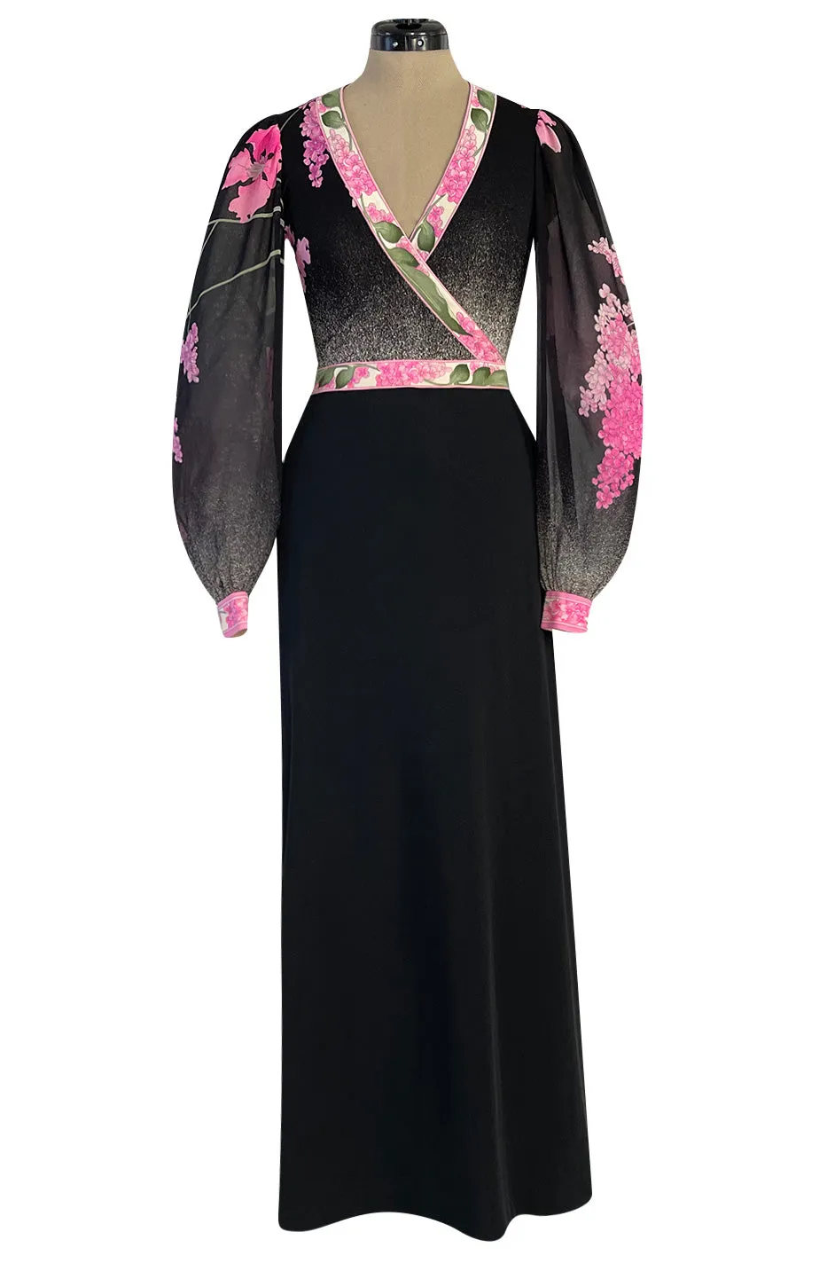Prettiest 1970s Leonard Paris Pink Charcoal & Black Floral Printed Silk Jersey Dress