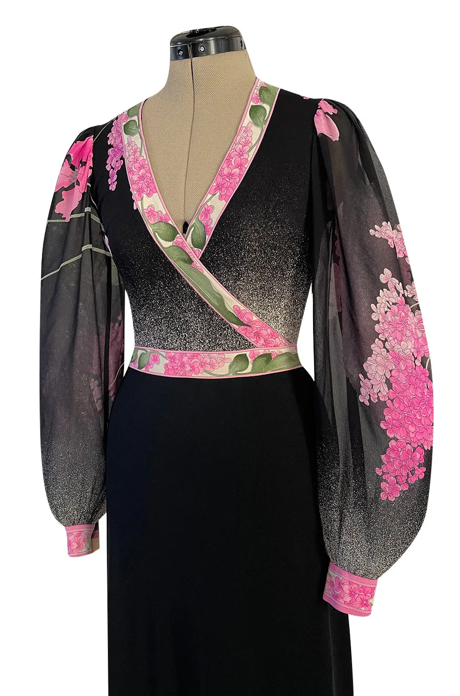 Prettiest 1970s Leonard Paris Pink Charcoal & Black Floral Printed Silk Jersey Dress