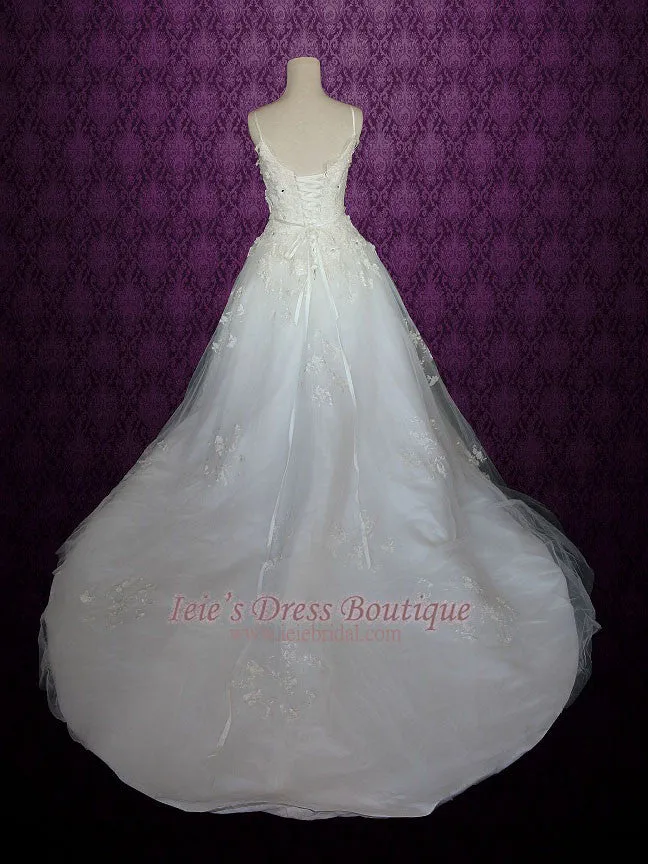 Princess A-line Tulle Wedding Dress with Floral Lace Applique and thin straps | Sandie