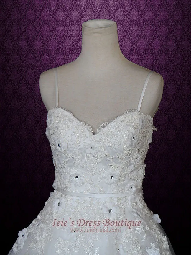 Princess A-line Tulle Wedding Dress with Floral Lace Applique and thin straps | Sandie